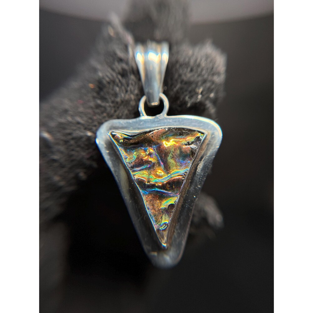 Sterling Silver Dichroic Glass Pendant 925 Triangle Iridescent Artisan 2” Drop